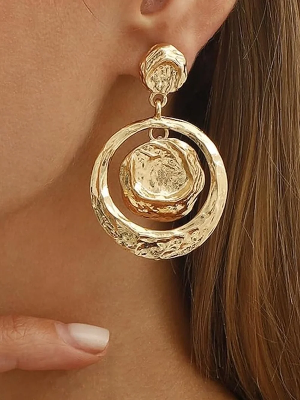 Zara Hammered Gold Double Hoop Drop Earrings